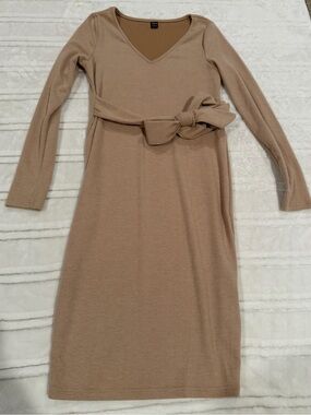 SHEIN Ribbed V‑Neck Midi Dress in Tan with Tie Waist